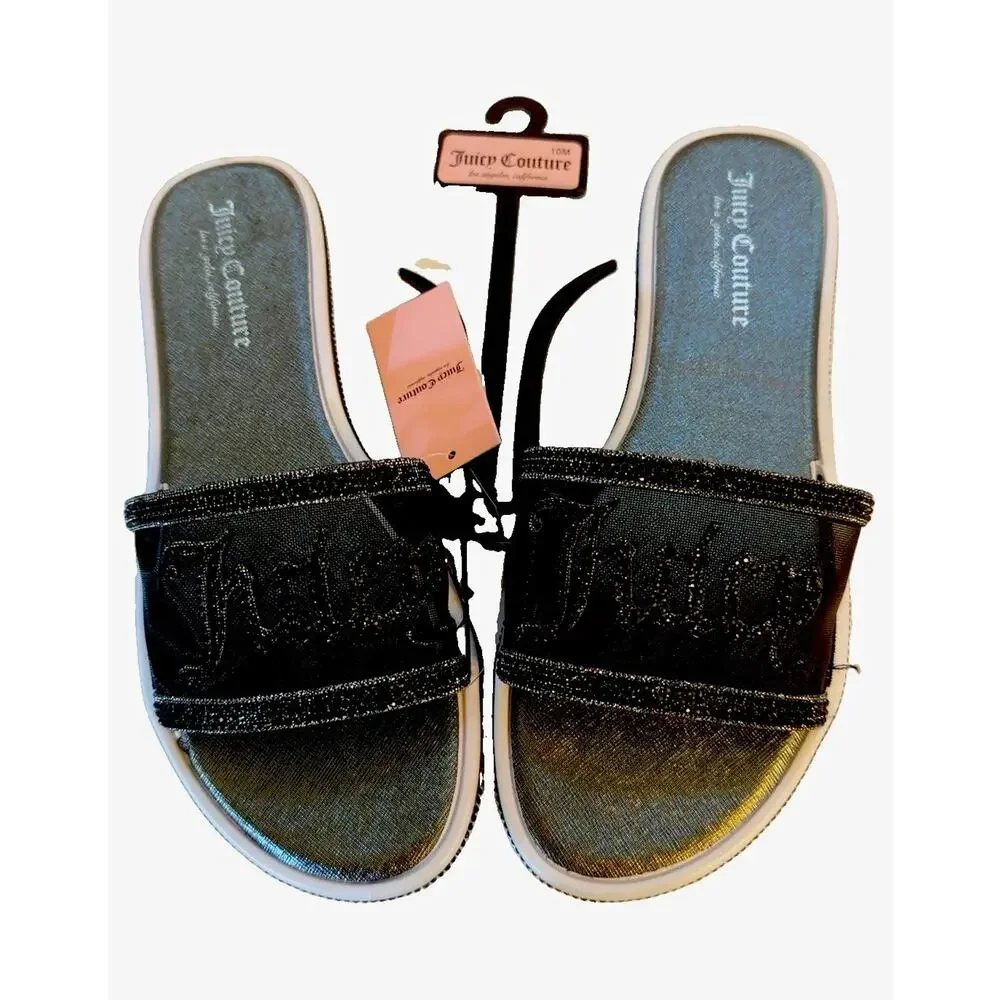 Juicy Couture Women's Black Glitter Logo Slip On Slide Sandals Size 10